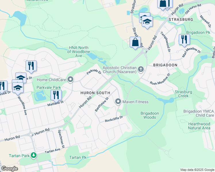 map of restaurants, bars, coffee shops, grocery stores, and more near 7 Parkvale Drive in Kitchener