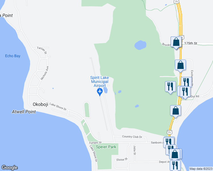 map of restaurants, bars, coffee shops, grocery stores, and more near 2398 Country Club Drive in Okoboji