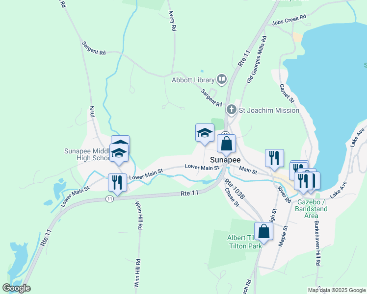 map of restaurants, bars, coffee shops, grocery stores, and more near 40 Lower Main Street in Sunapee