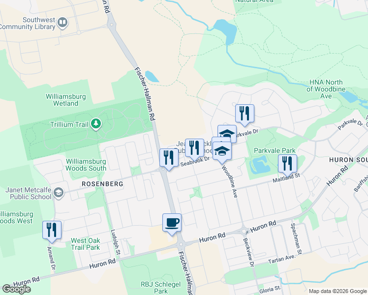 map of restaurants, bars, coffee shops, grocery stores, and more near 80 Progress Crescent in Kitchener