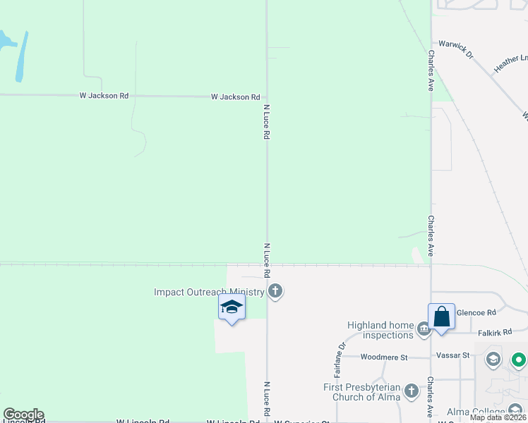 map of restaurants, bars, coffee shops, grocery stores, and more near 6814 North Luce Road in Alma