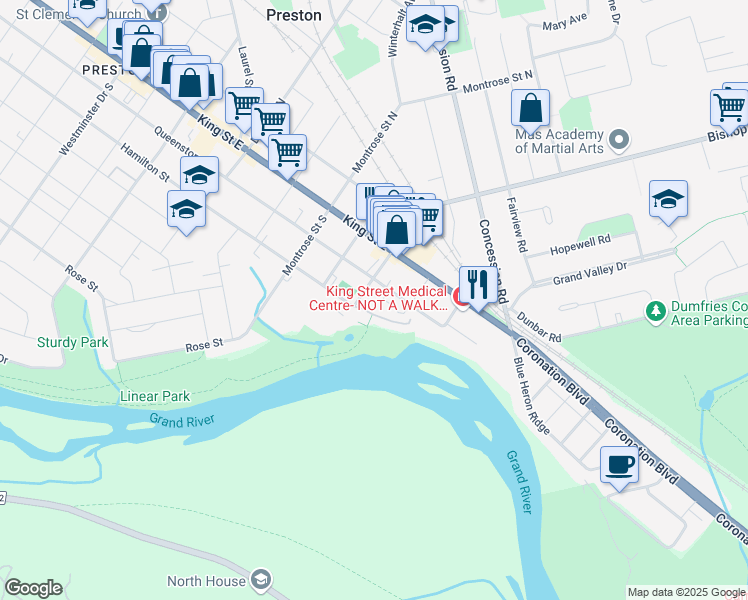 map of restaurants, bars, coffee shops, grocery stores, and more near 1505 Queenston Road in Cambridge