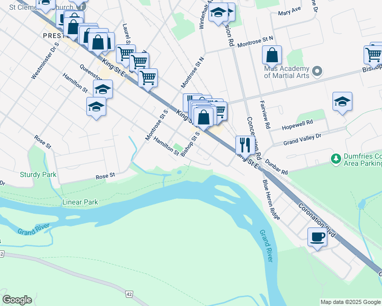 map of restaurants, bars, coffee shops, grocery stores, and more near 235 Bishop Street South in Cambridge