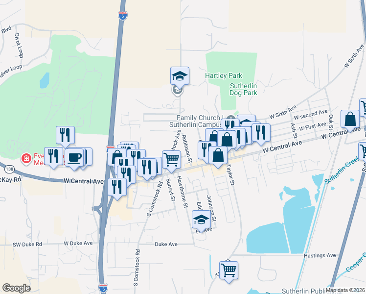 map of restaurants, bars, coffee shops, grocery stores, and more near 261 Robinson Street in Sutherlin