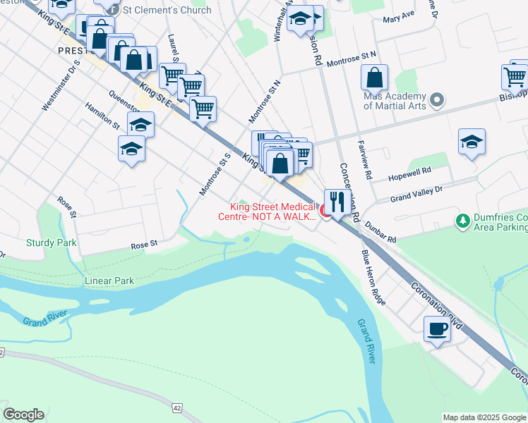 map of restaurants, bars, coffee shops, grocery stores, and more near 1505 Queenston Road in Cambridge