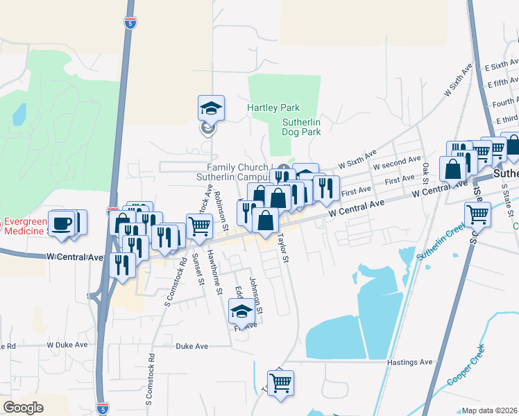 map of restaurants, bars, coffee shops, grocery stores, and more near 207 Grant Street in Sutherlin