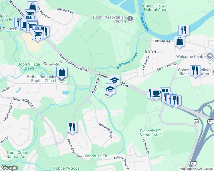 map of restaurants, bars, coffee shops, grocery stores, and more near 1392 Doon Village Road in Kitchener
