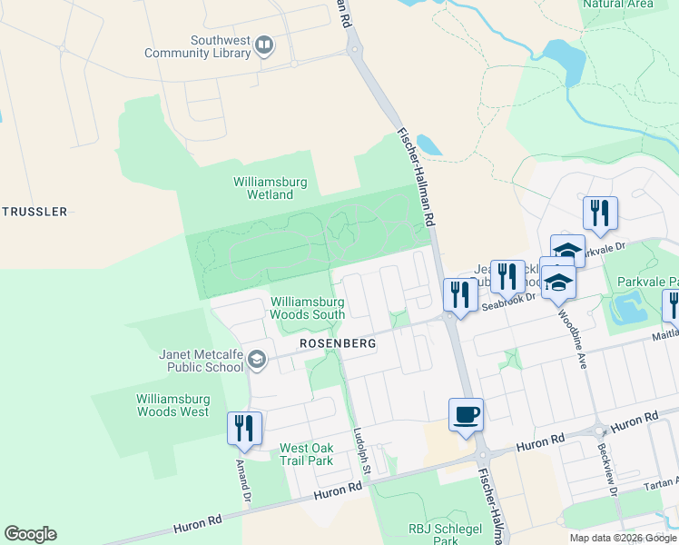 map of restaurants, bars, coffee shops, grocery stores, and more near 296 Falling Green Crescent in Kitchener