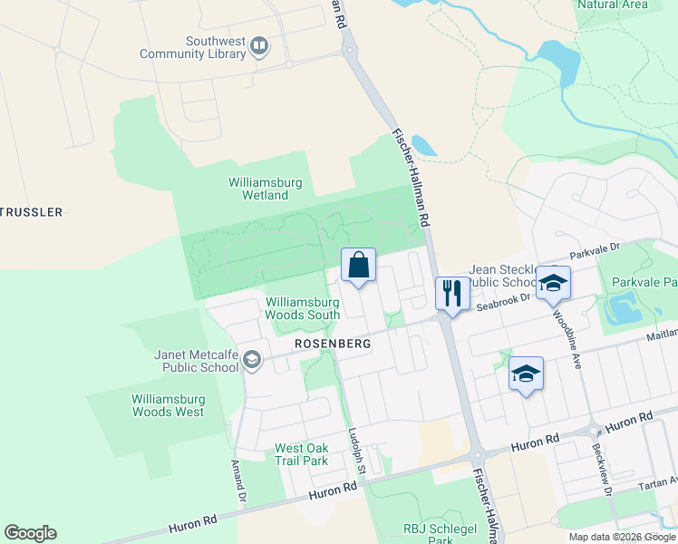 map of restaurants, bars, coffee shops, grocery stores, and more near 296 Falling Green Crescent in Kitchener