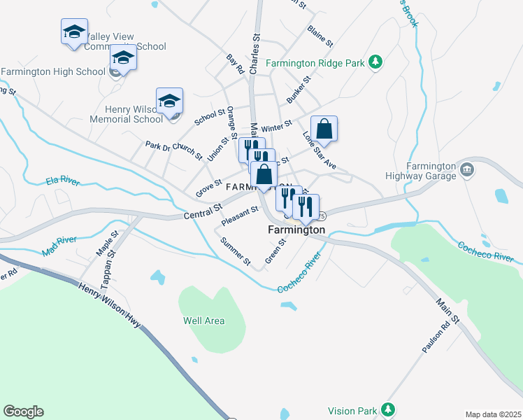 map of restaurants, bars, coffee shops, grocery stores, and more near 1875 Main Street in Farmington