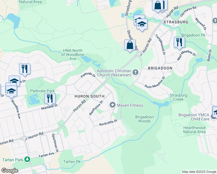 map of restaurants, bars, coffee shops, grocery stores, and more near 19 Newcastle Drive in Kitchener