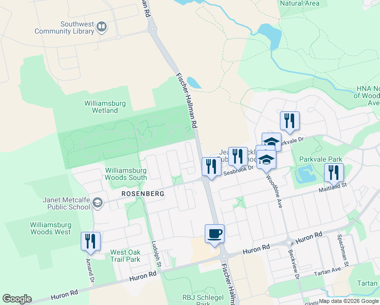 map of restaurants, bars, coffee shops, grocery stores, and more near 549 Goldenrod Lane in Kitchener