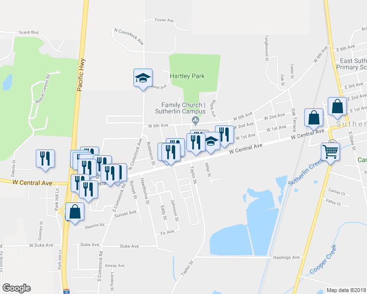 map of restaurants, bars, coffee shops, grocery stores, and more near 959 West 1st Avenue in Sutherlin