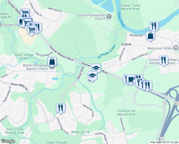 map of restaurants, bars, coffee shops, grocery stores, and more near 1392 Doon Village Road in Kitchener