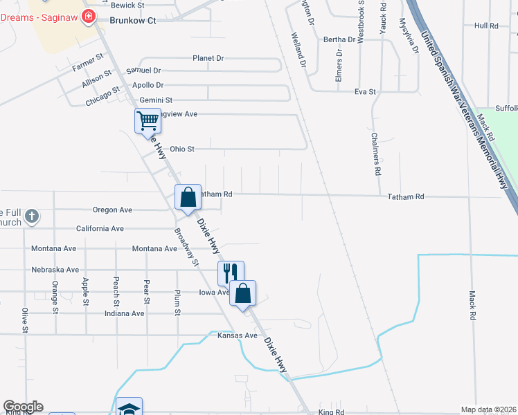 map of restaurants, bars, coffee shops, grocery stores, and more near 2840 Tatham Road in Saginaw