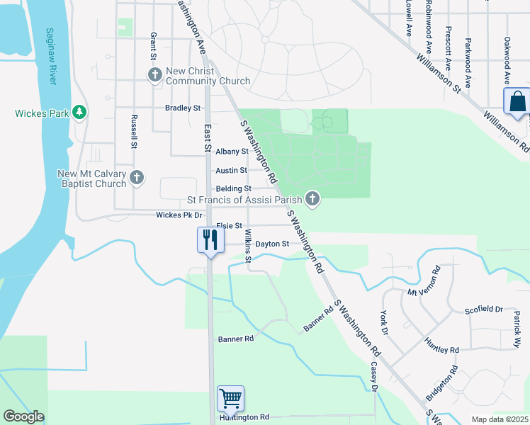 map of restaurants, bars, coffee shops, grocery stores, and more near 1842 Wabash Street in Saginaw