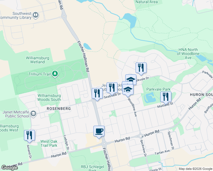 map of restaurants, bars, coffee shops, grocery stores, and more near 35 Valencia Avenue in Kitchener