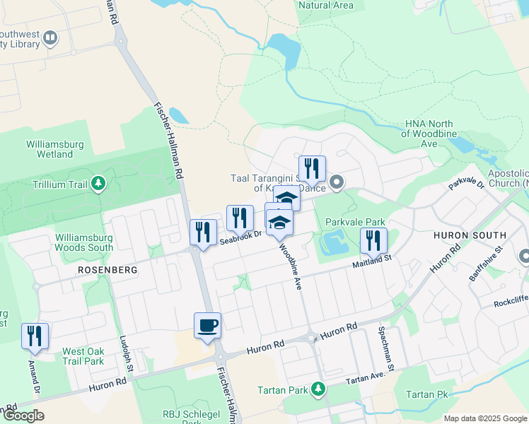 map of restaurants, bars, coffee shops, grocery stores, and more near 179 Woodbine Avenue in Kitchener