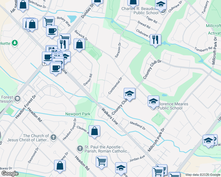 map of restaurants, bars, coffee shops, grocery stores, and more near 4119 Continental Drive in Burlington