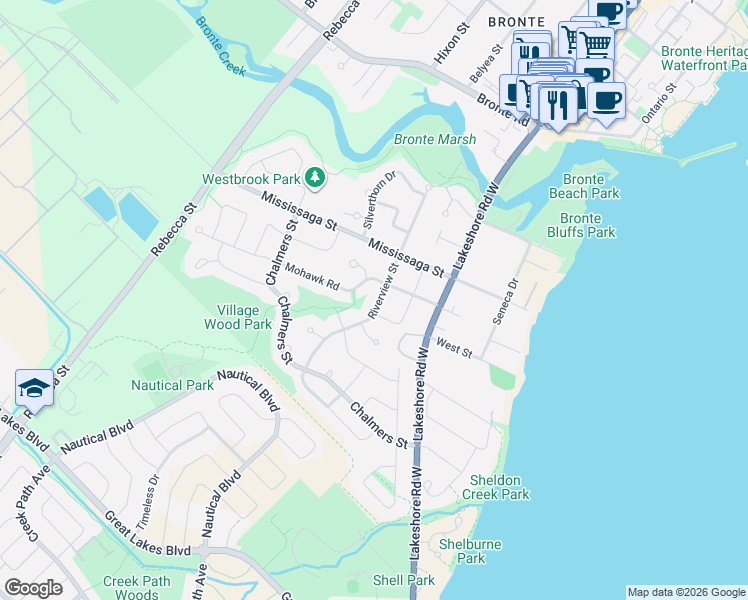 map of restaurants, bars, coffee shops, grocery stores, and more near 152 Mohawk Road in Oakville