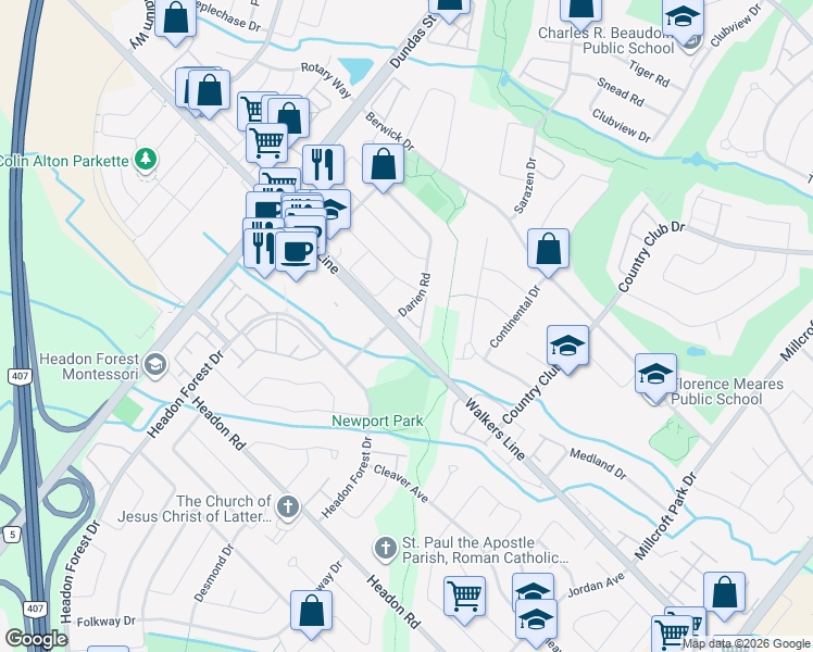 map of restaurants, bars, coffee shops, grocery stores, and more near 2871 Darien Road in Burlington