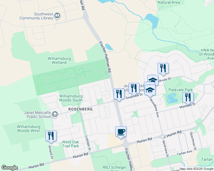map of restaurants, bars, coffee shops, grocery stores, and more near 554 Goldenrod Lane in Kitchener