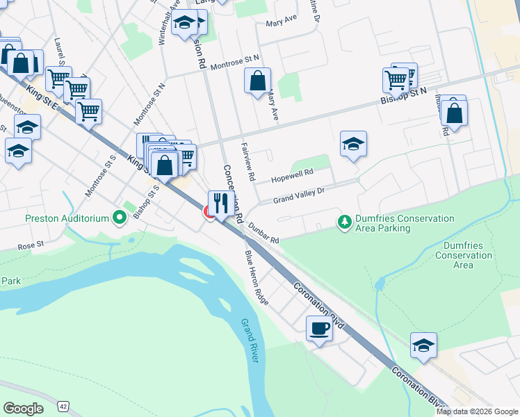 map of restaurants, bars, coffee shops, grocery stores, and more near 478 Grand Valley Drive in Cambridge