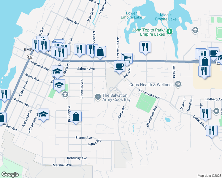map of restaurants, bars, coffee shops, grocery stores, and more near 338 Wallace Street in Coos Bay