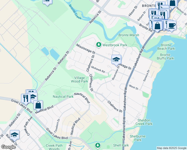 map of restaurants, bars, coffee shops, grocery stores, and more near 218 Mohawk Road in Oakville