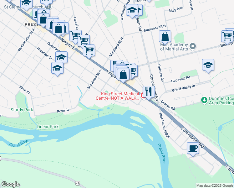 map of restaurants, bars, coffee shops, grocery stores, and more near 1510 Queenston Road in Cambridge