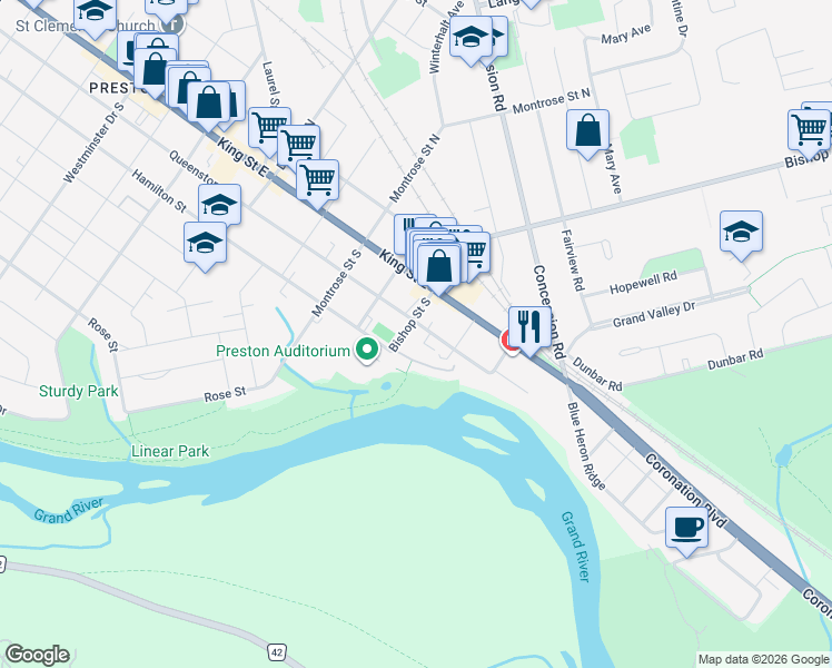 map of restaurants, bars, coffee shops, grocery stores, and more near 1510 Queenston Road in Cambridge