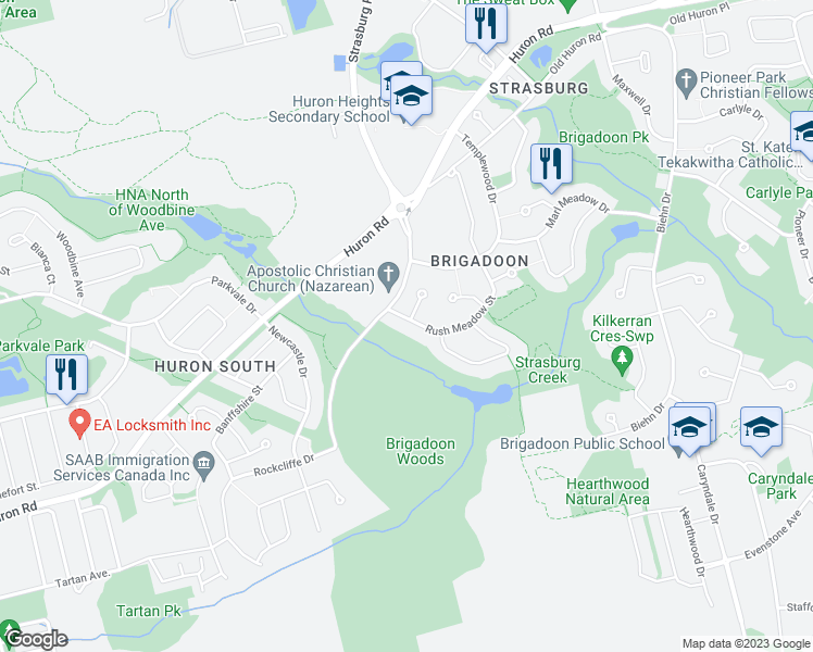 map of restaurants, bars, coffee shops, grocery stores, and more near 120 Rush Meadow Street in Kitchener