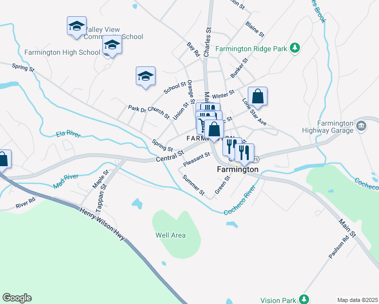 map of restaurants, bars, coffee shops, grocery stores, and more near 24 Central Street in Farmington