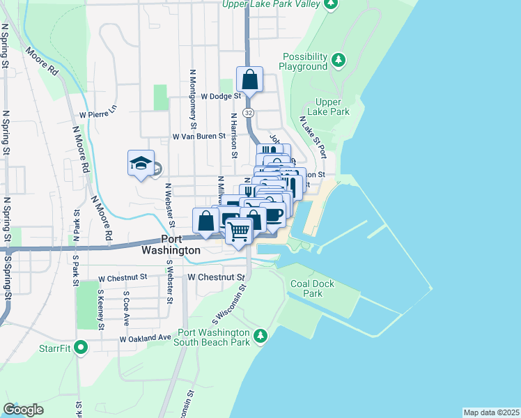 map of restaurants, bars, coffee shops, grocery stores, and more near 114 East Main Street in Port Washington