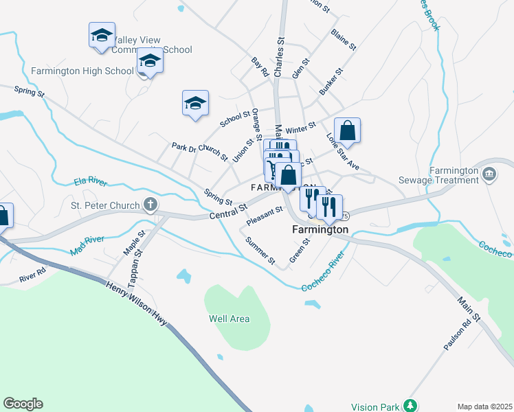 map of restaurants, bars, coffee shops, grocery stores, and more near 24 Central Street in Farmington
