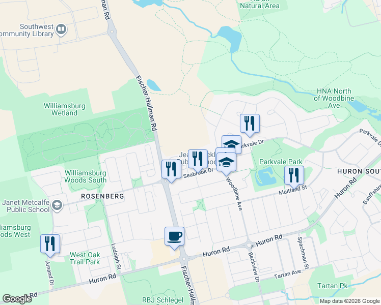 map of restaurants, bars, coffee shops, grocery stores, and more near in Kitchener