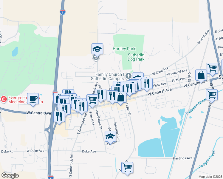 map of restaurants, bars, coffee shops, grocery stores, and more near 270 Kruse Street in Sutherlin