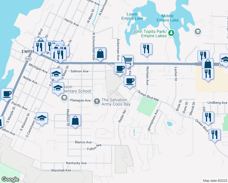 map of restaurants, bars, coffee shops, grocery stores, and more near 338 Wallace Street in Coos Bay