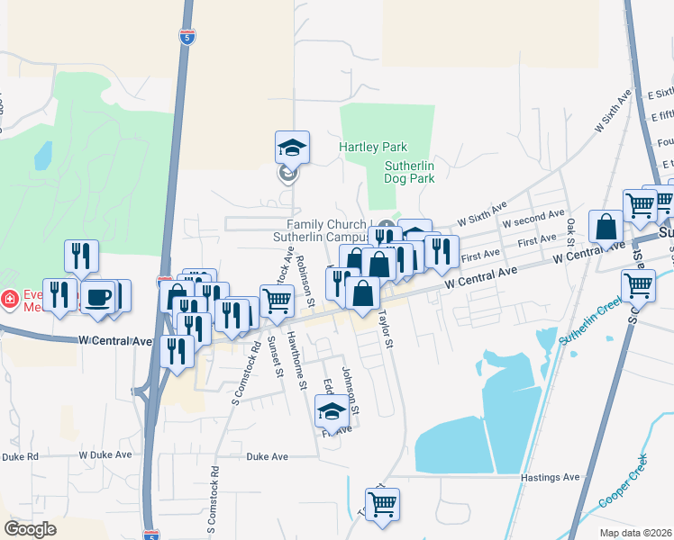 map of restaurants, bars, coffee shops, grocery stores, and more near 272 Kruse Street in Sutherlin