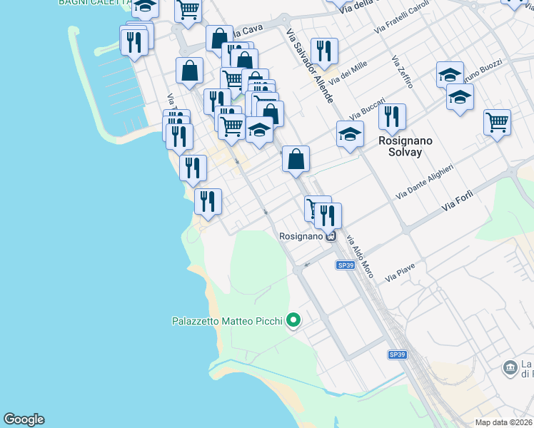 map of restaurants, bars, coffee shops, grocery stores, and more near 1 Via Vittorio Veneto in Rosignano Solvay-Castiglioncello