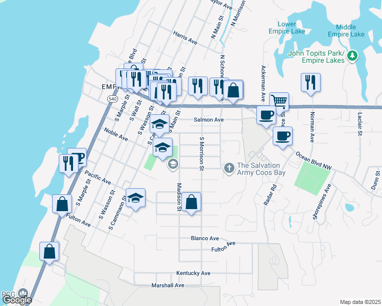 map of restaurants, bars, coffee shops, grocery stores, and more near 954 Noble Avenue in Coos Bay