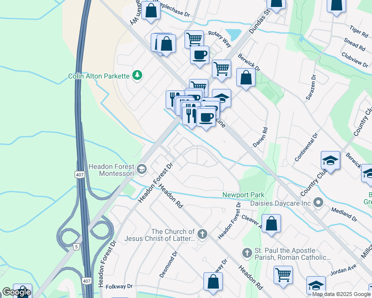 map of restaurants, bars, coffee shops, grocery stores, and more near Headon Forest Drive in Burlington