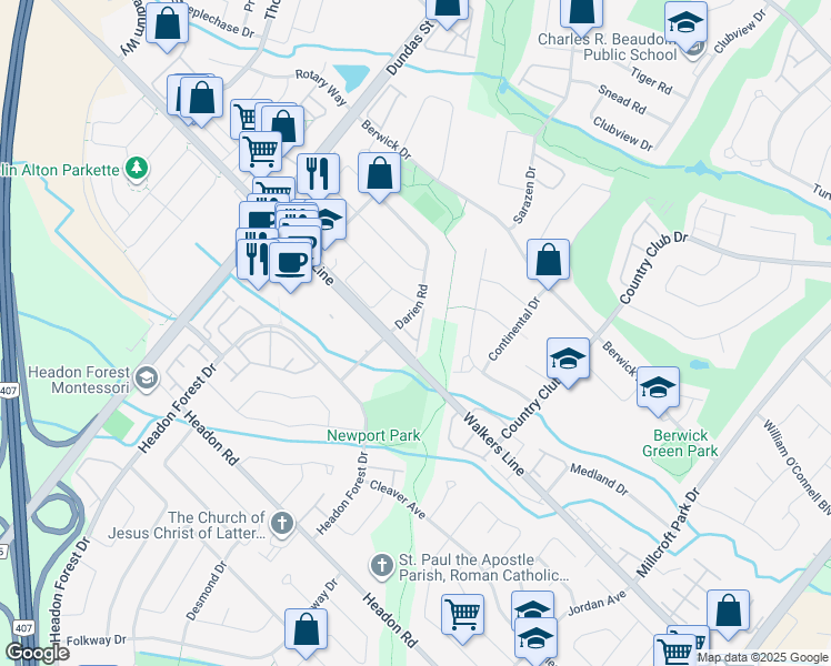 map of restaurants, bars, coffee shops, grocery stores, and more near 2871 Darien Road in Burlington