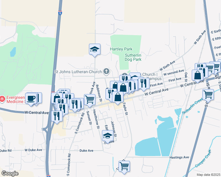 map of restaurants, bars, coffee shops, grocery stores, and more near 275 Grant Street in Sutherlin