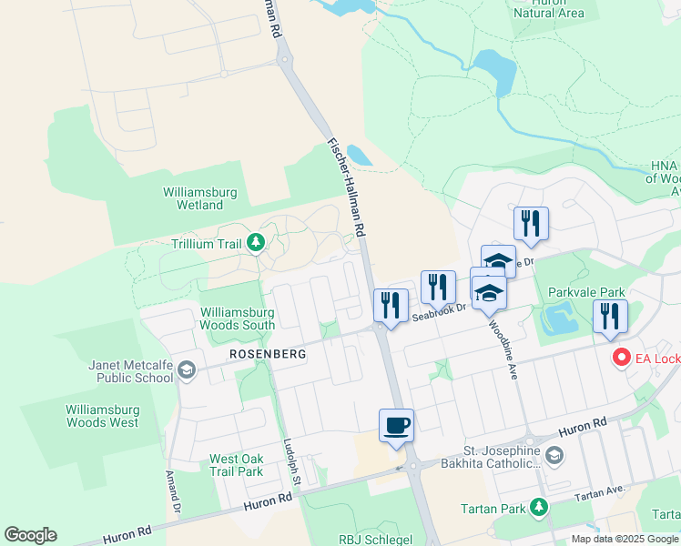 map of restaurants, bars, coffee shops, grocery stores, and more near 549 Goldenrod Lane in Kitchener