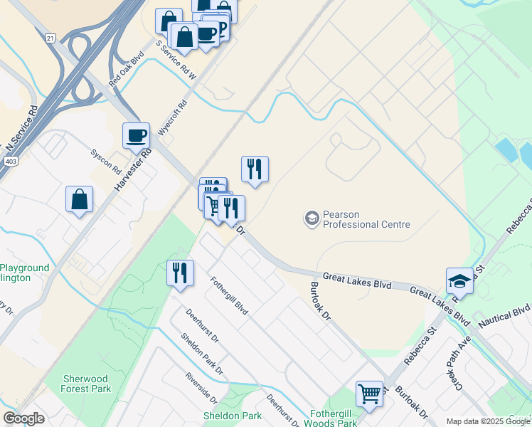 map of restaurants, bars, coffee shops, grocery stores, and more near 3450 Superior Court in Oakville