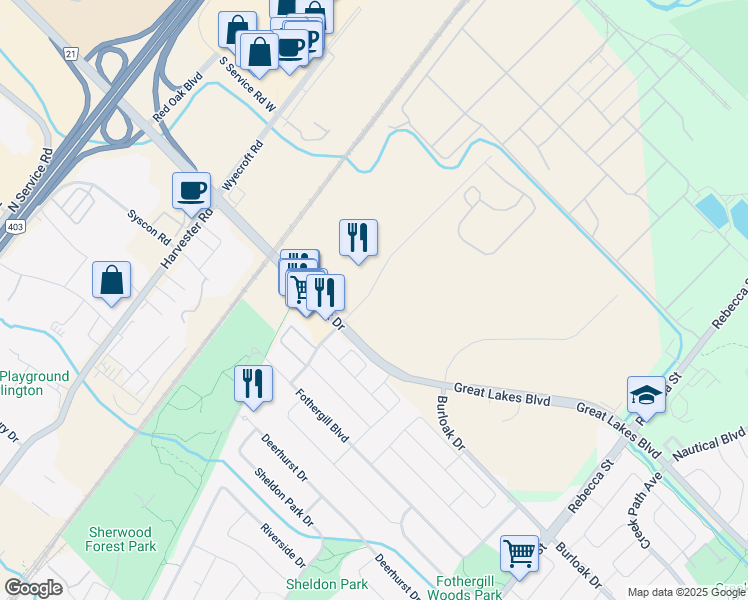 map of restaurants, bars, coffee shops, grocery stores, and more near 3450 Superior Court in Oakville