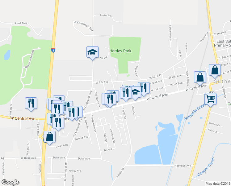 map of restaurants, bars, coffee shops, grocery stores, and more near 275 Grant Street in Sutherlin