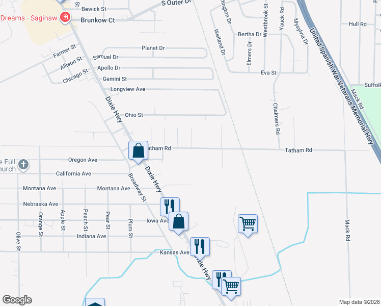 map of restaurants, bars, coffee shops, grocery stores, and more near 2840 Tatham Road in Saginaw