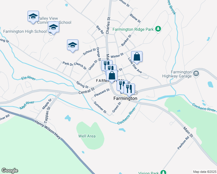 map of restaurants, bars, coffee shops, grocery stores, and more near 1875 Main Street in Farmington